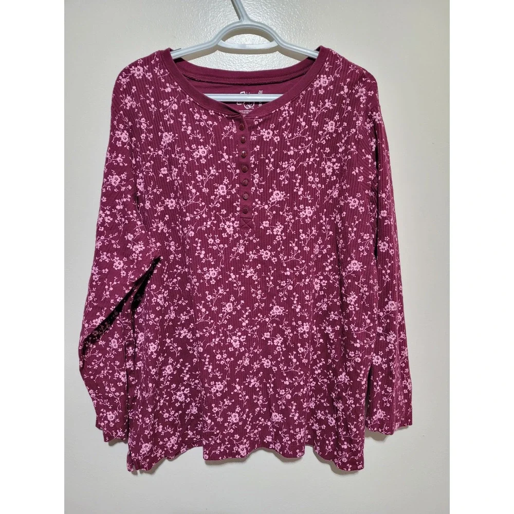 Just My Size Henley Top Womens 22/24W Burgundy Floral Ribbed Long Sleeve